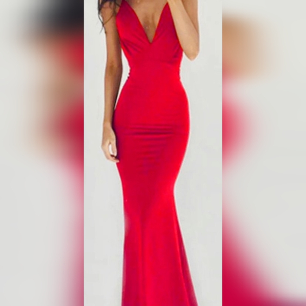 Red Spaghetti V Neck Long Mermaid Dress, open back.